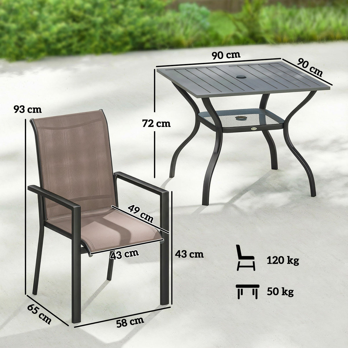 5 Piece Garden Dining Set with Stackable Chairs and Parasol Hole, Grey/Khaki