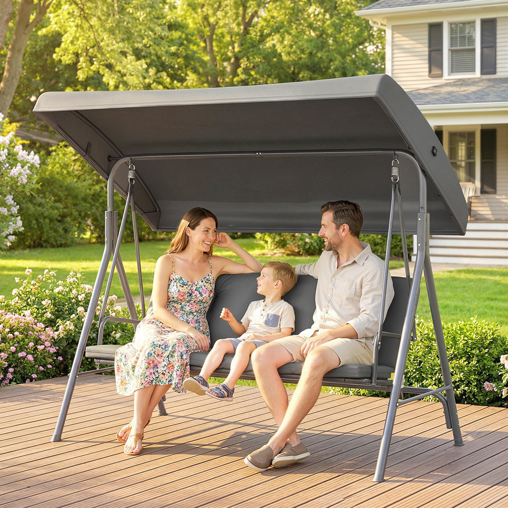 3 Seater Garden Swing Chair with Tilting Canopy and Cushion, Dark Grey