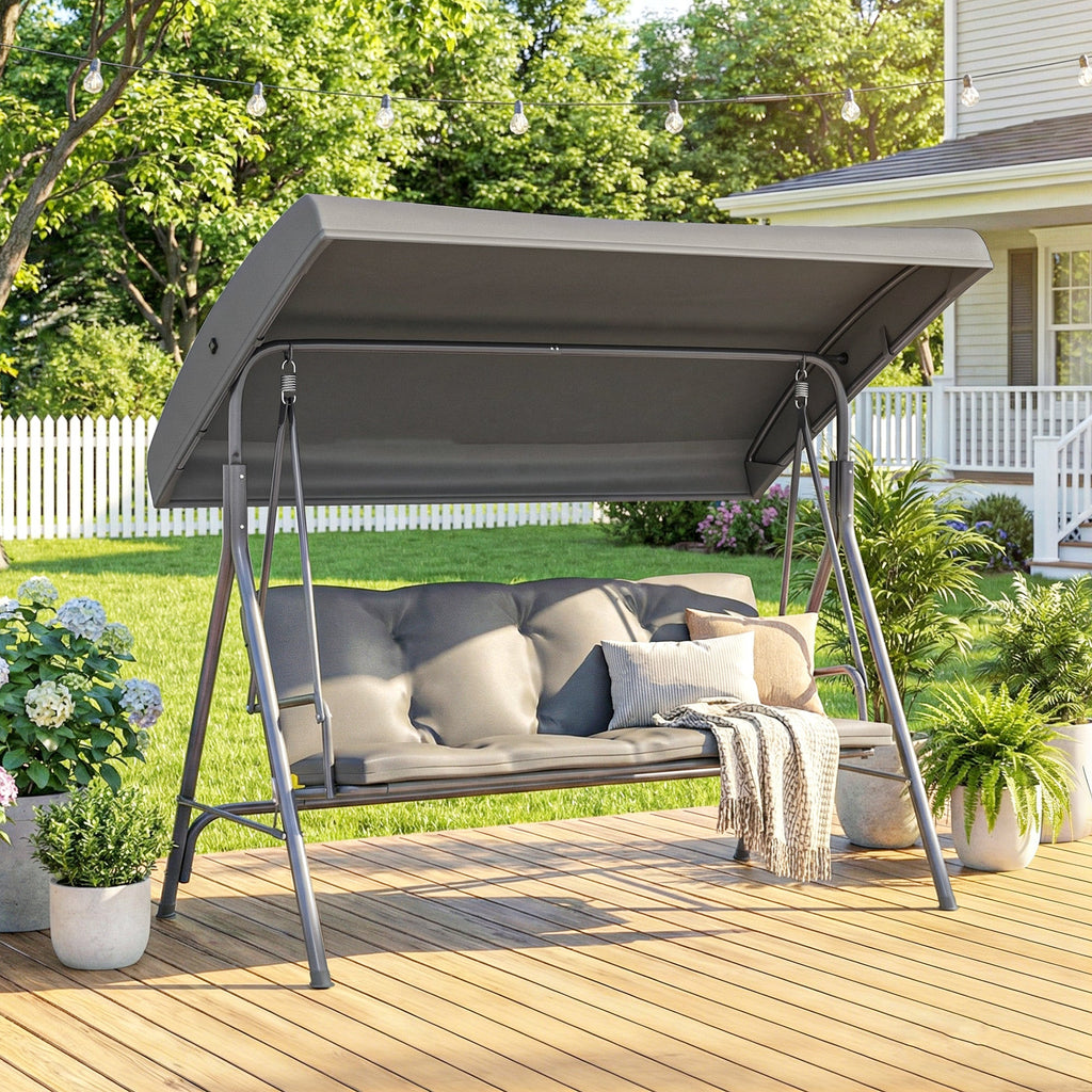 3 Seater Garden Swing Chair with Tilting Canopy and Cushion, Dark Grey