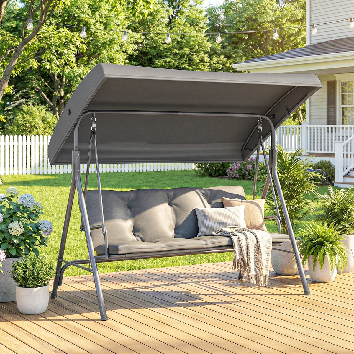 3 Seater Garden Swing Chair with Tilting Canopy and Cushion, Dark Grey