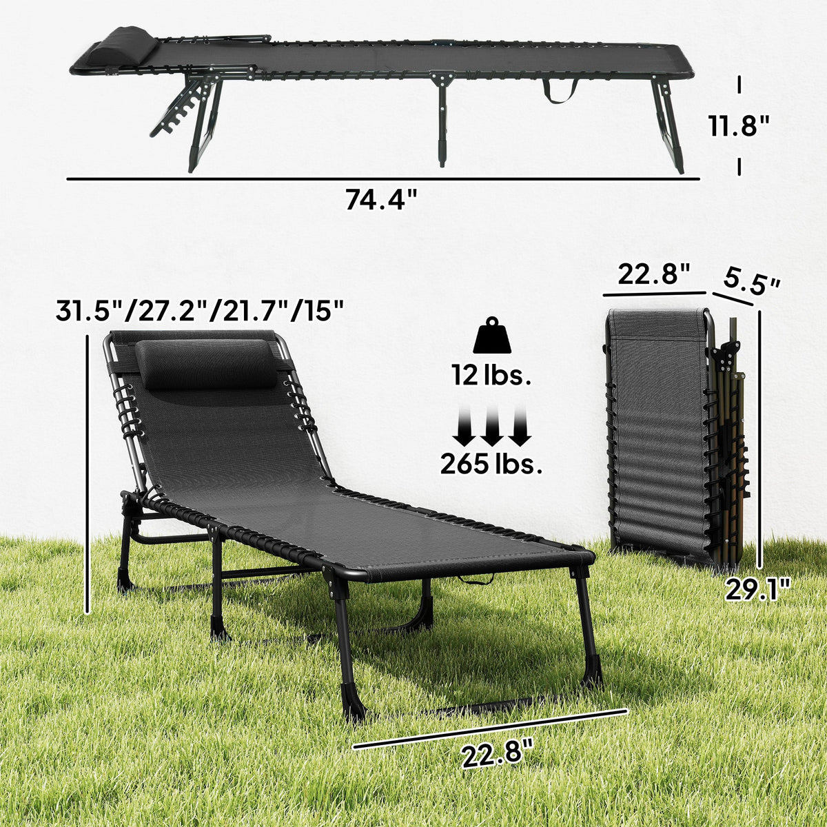 Folding Chaise Lounge Chair with 4-Position Reclining Back & Breathable Mesh Seat, Black