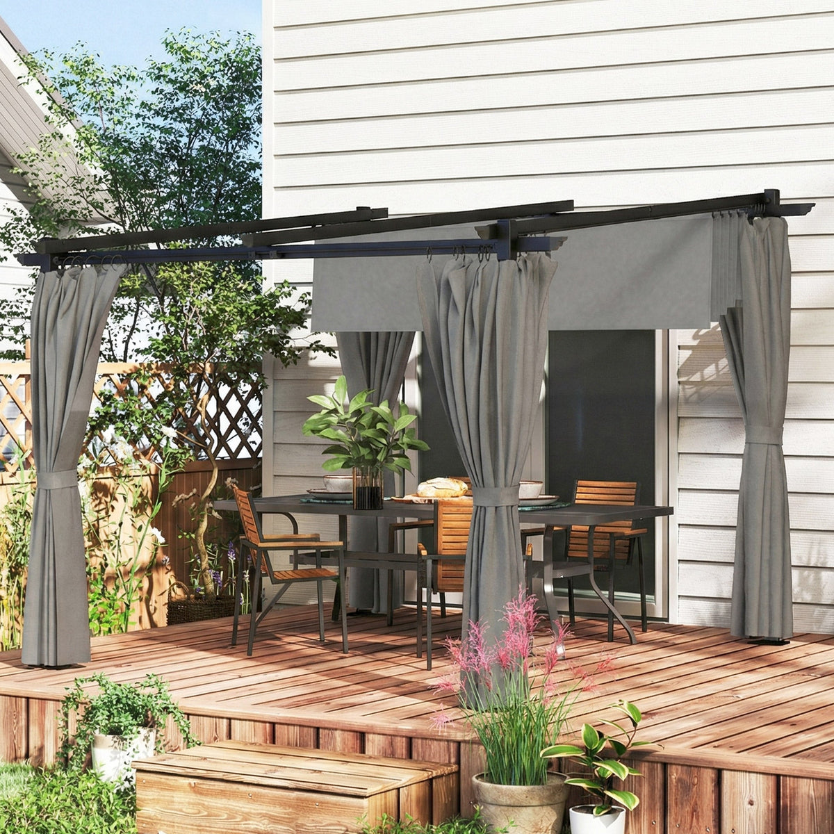 3 x 3 m Metal Pergola with Retractable Roof and Sidewalls, Light Grey
