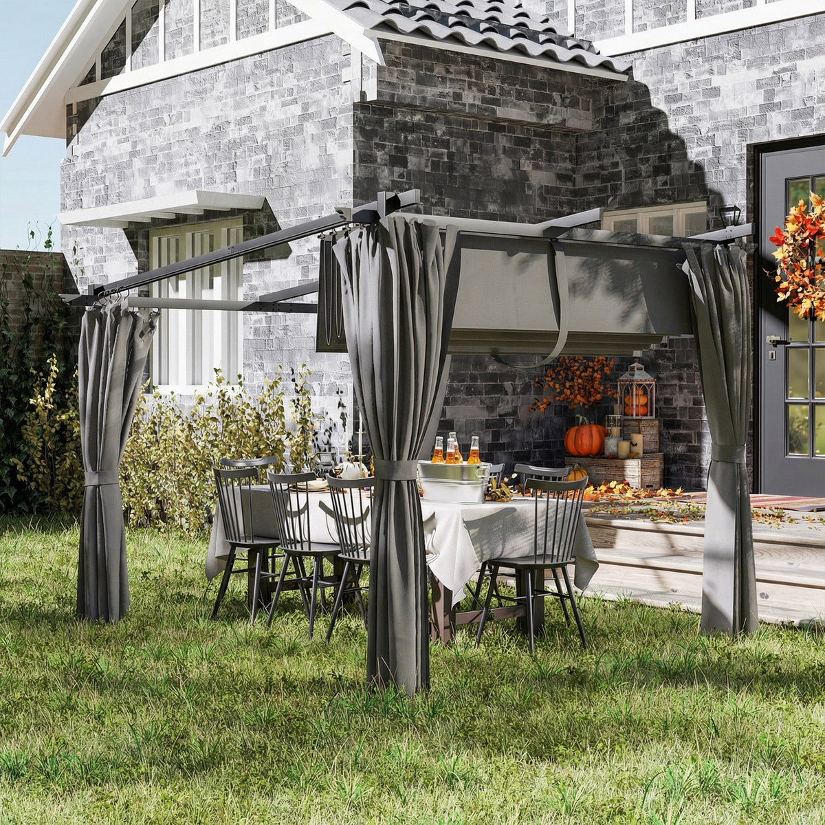 3 x 3 m Metal Pergola with Retractable Roof and Sidewalls, Light Grey