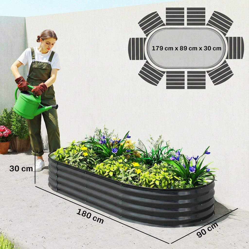 180 x 90 x 30 cm Galvanised Raised Garden Bed with Safety Edging, Dark Grey