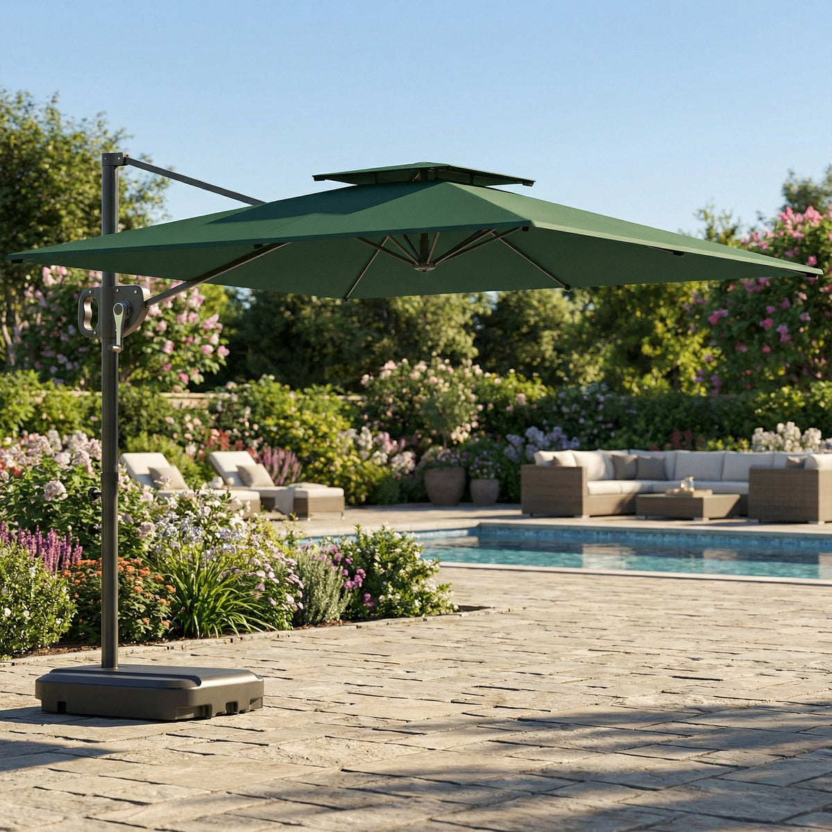 2.5 m Cantilever Parasol with Fillable Base and Double Top, Dark Green