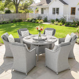 6 Seater Rattan Dining Set with Lazy Susan and Marble Effect Table, Grey