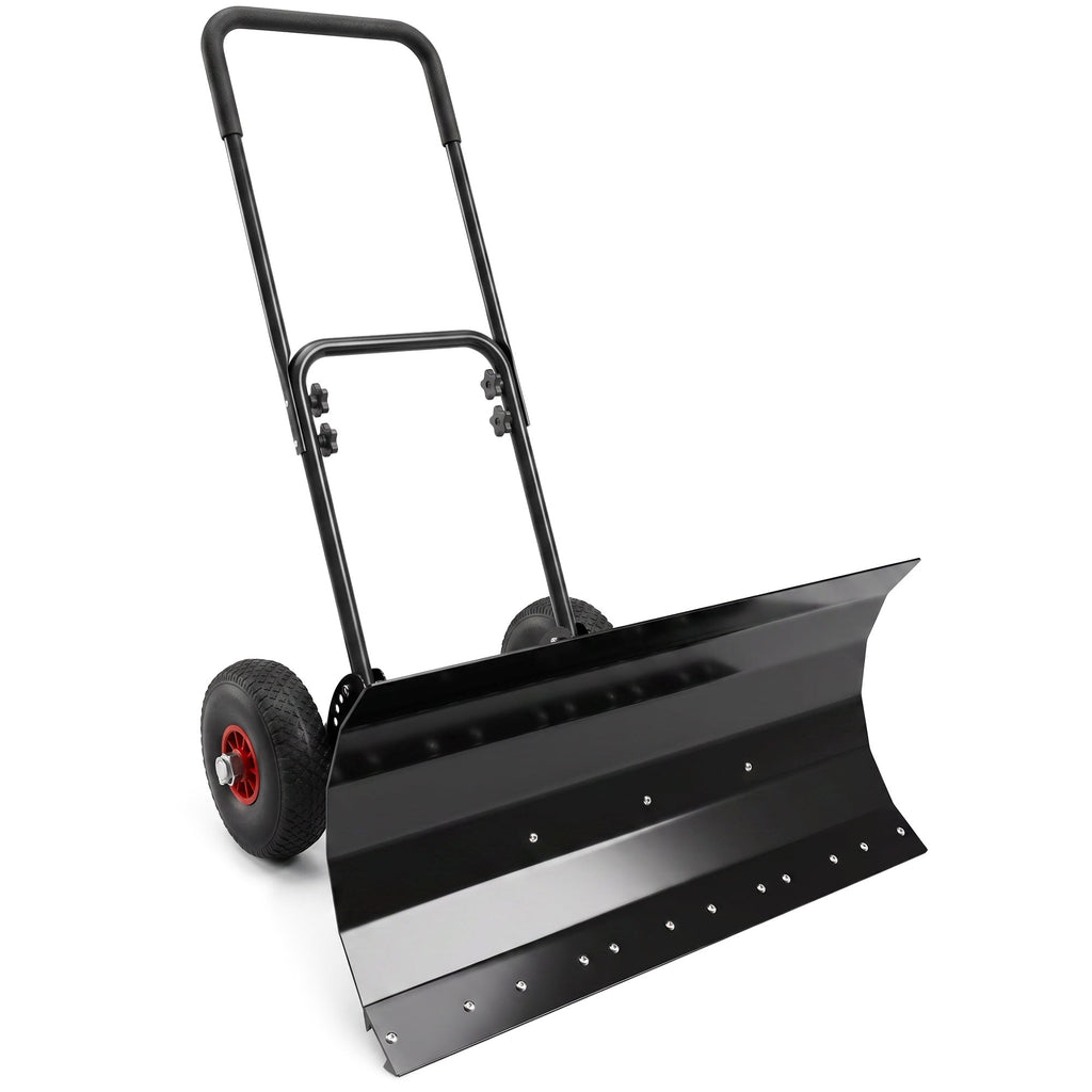 Heavy-Duty Metal Snow Pusher with Wheels & Adjustable Handle, 29" x 16.5" Black