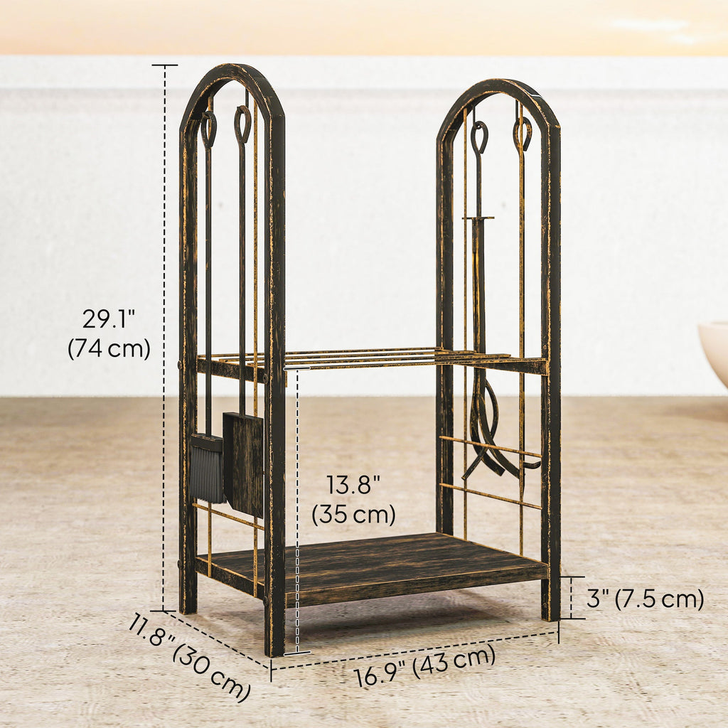 2-Tier Firewood Rack with 4 Fireplace Tools & Hooks, 220 lb Capacity, Coffee Brown