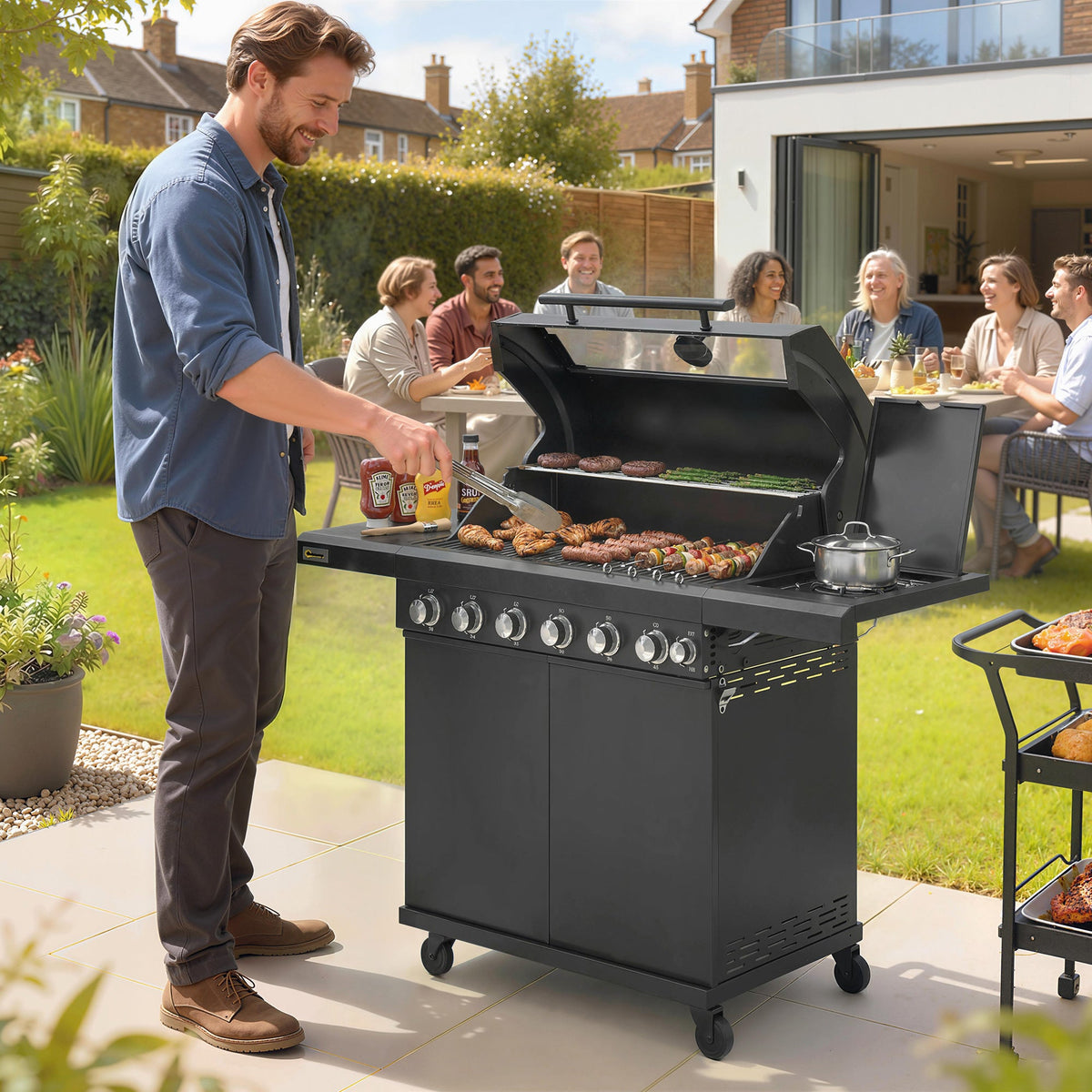 6+1 Burner Gas BBQ Grill with Cabinet and Viewing Window, Black