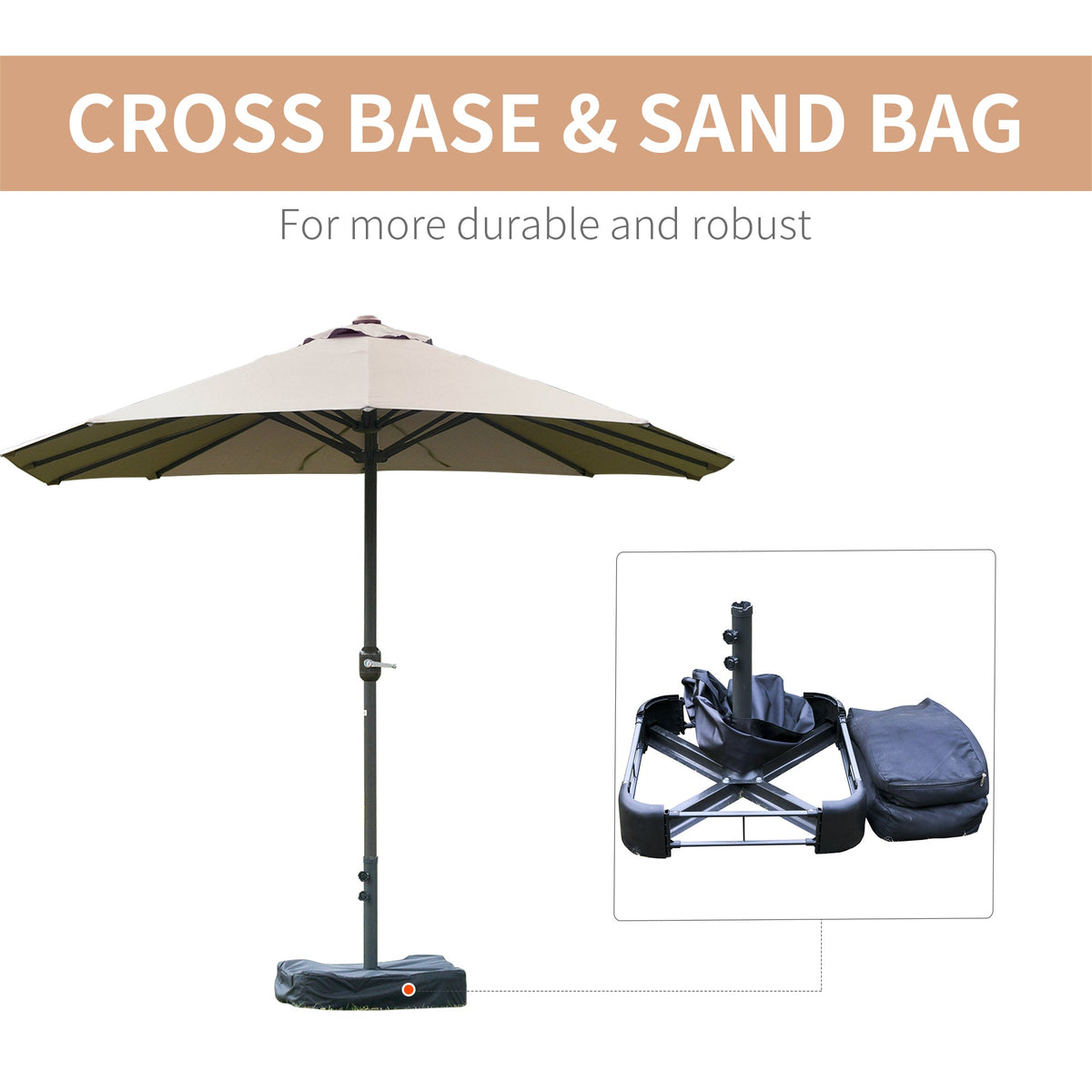 15' Outdoor Patio Umbrella with Twin Canopy, Lift Crank and Sandbag, Light Grey