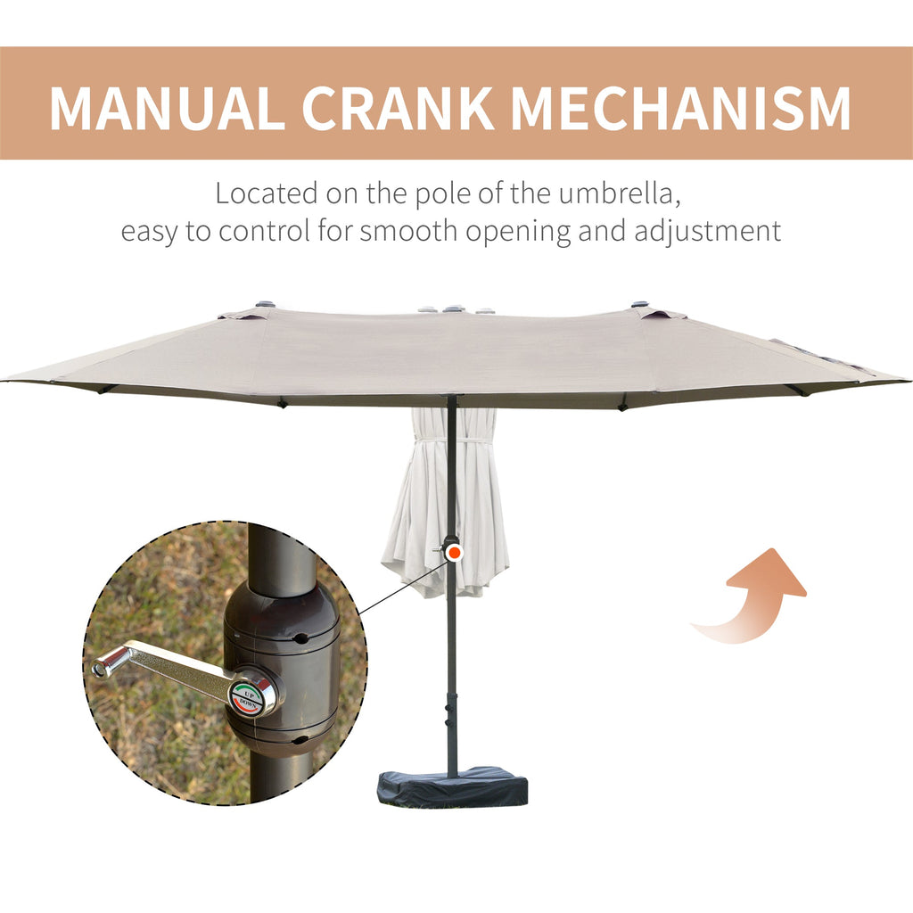 15' Outdoor Patio Umbrella with Twin Canopy, Lift Crank and Sandbag, Light Grey