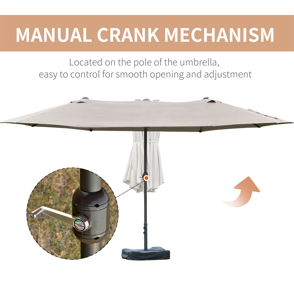 15' Outdoor Patio Umbrella with Twin Canopy, Lift Crank and Sandbag, Light Grey