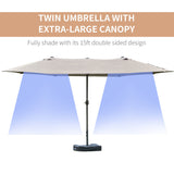 15' Outdoor Patio Umbrella with Twin Canopy, Lift Crank and Sandbag, Light Grey