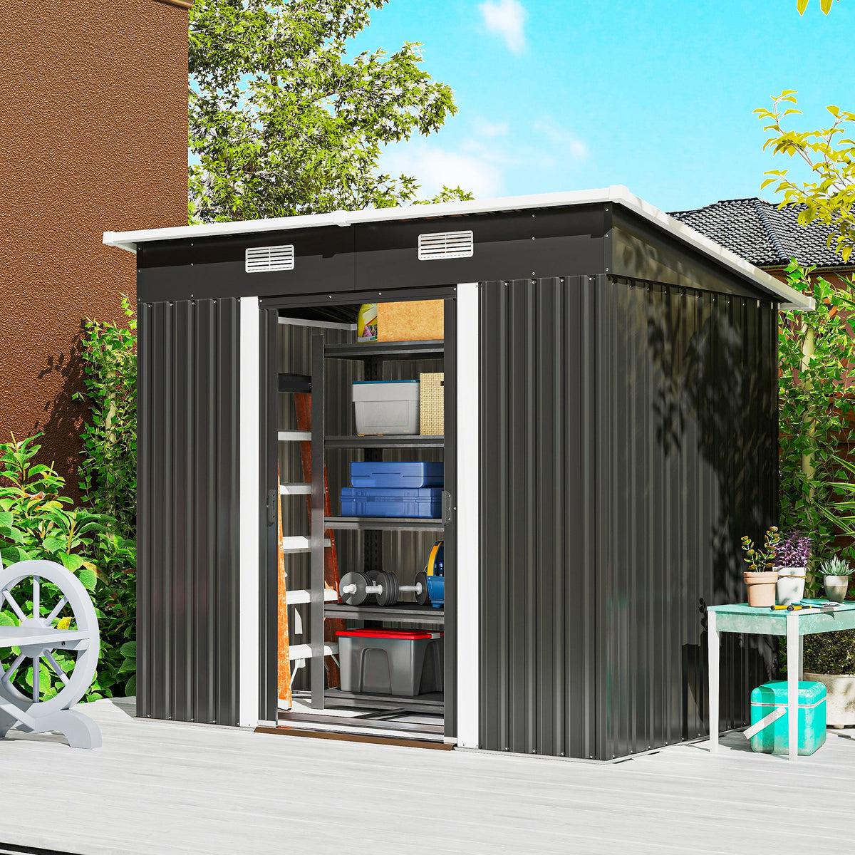 7' x 4' Outdoor Storage Shed with Lockable Double Doors, Black