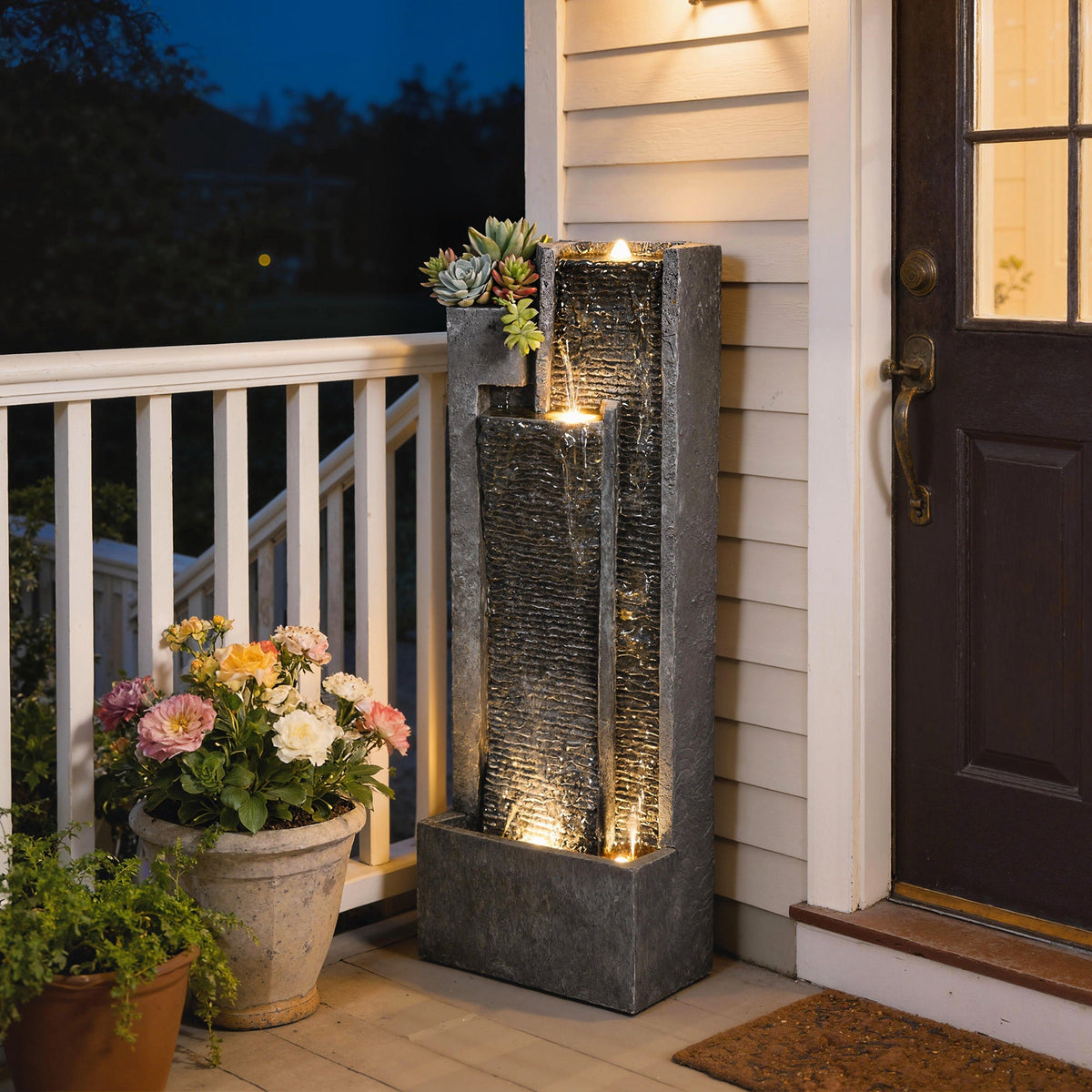 3-Tier Water Feature with LED Lights, Planter and Pump, Dark Grey
