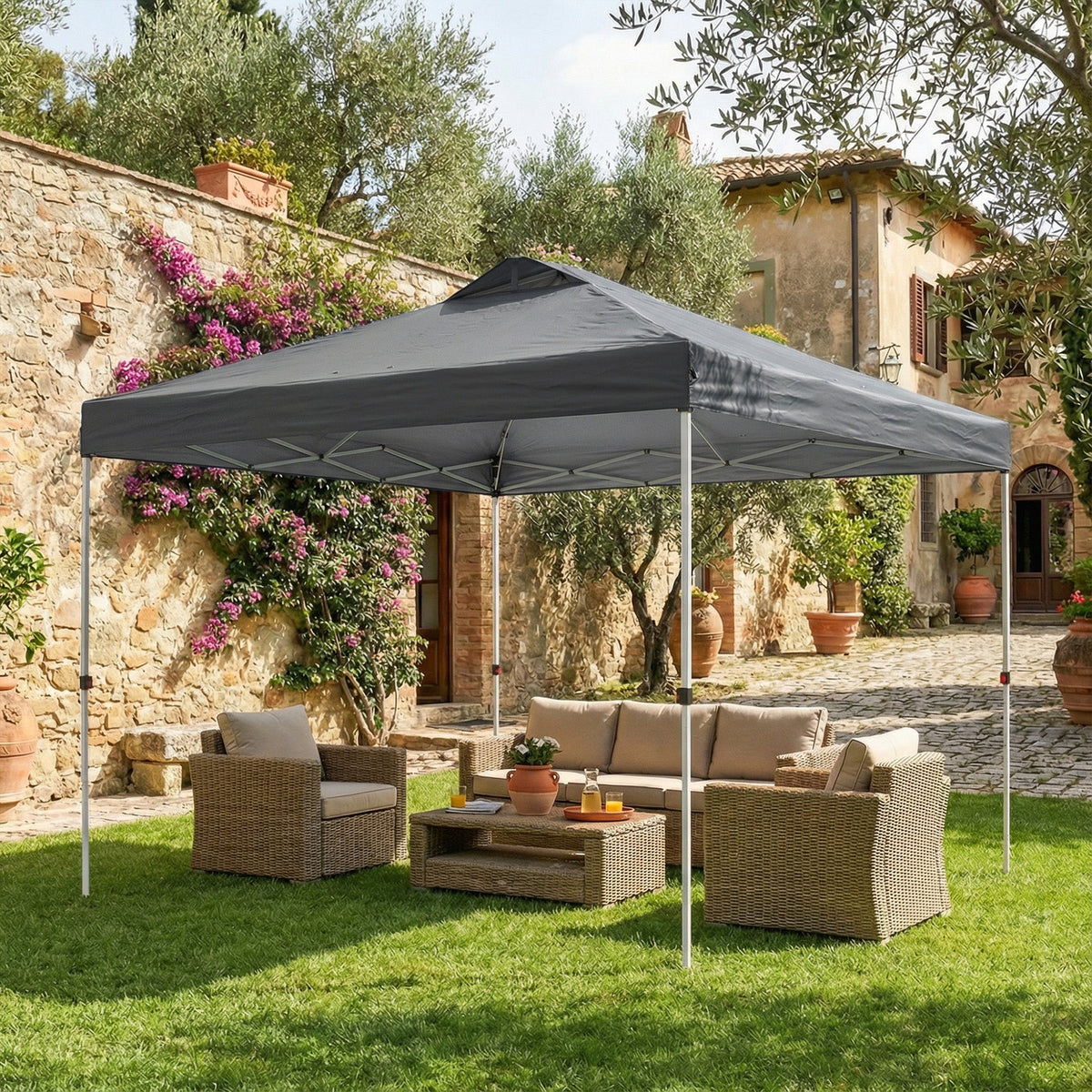 9.8' x 9.8' Pop-Up Canopy with Carrying Bag, Stakes and Ropes, Dark Grey