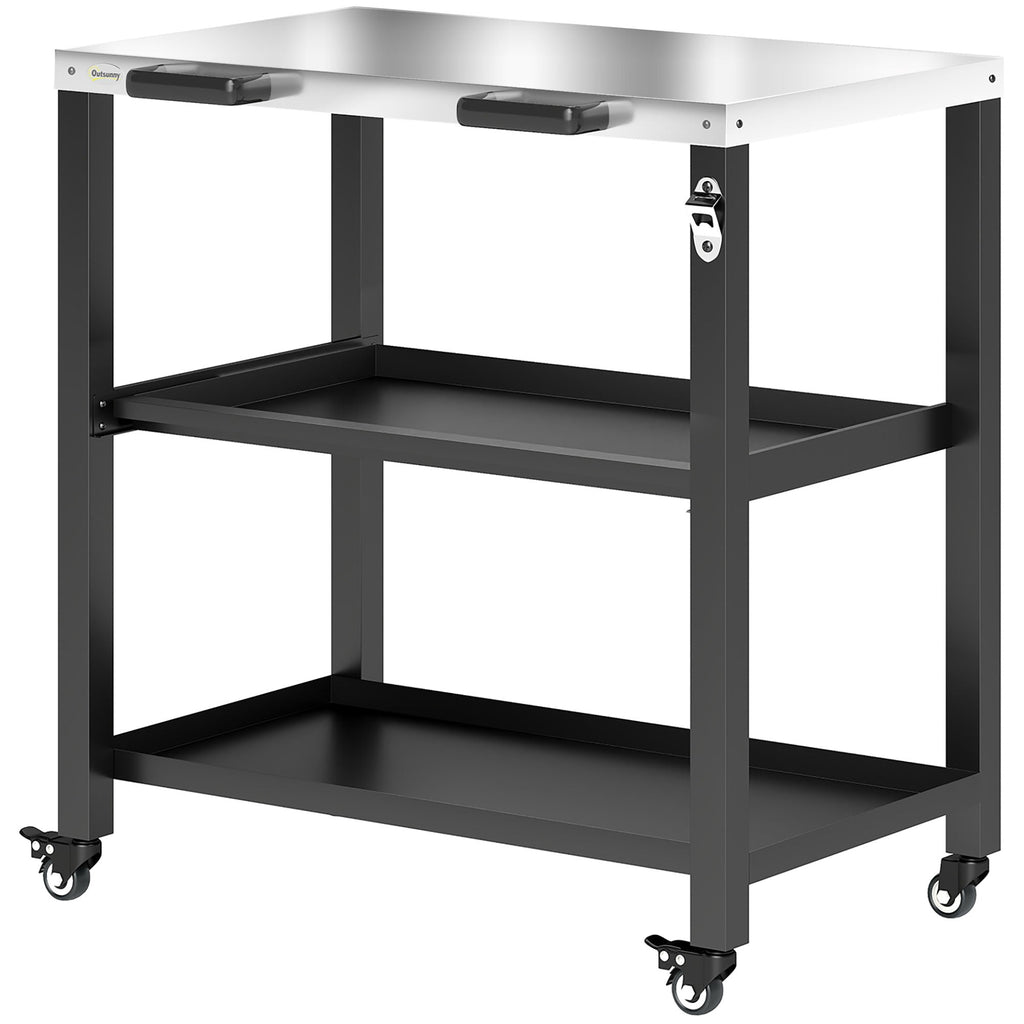 Outdoor Grill Cart with Stainless Steel Top, 2 Shelves and Lockable Wheels, Black