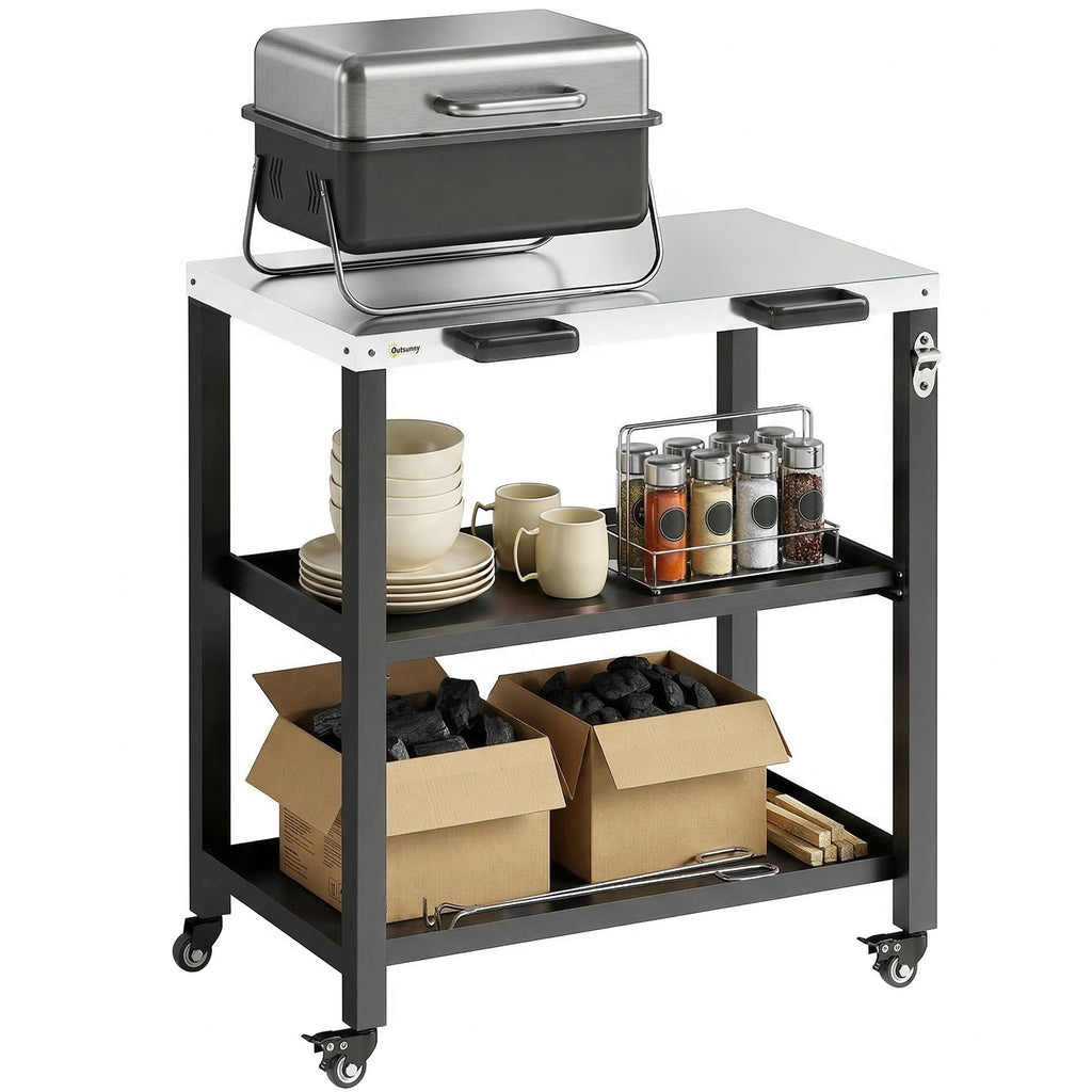 Outdoor Grill Cart with Stainless Steel Top, 2 Shelves and Lockable Wheels, Black