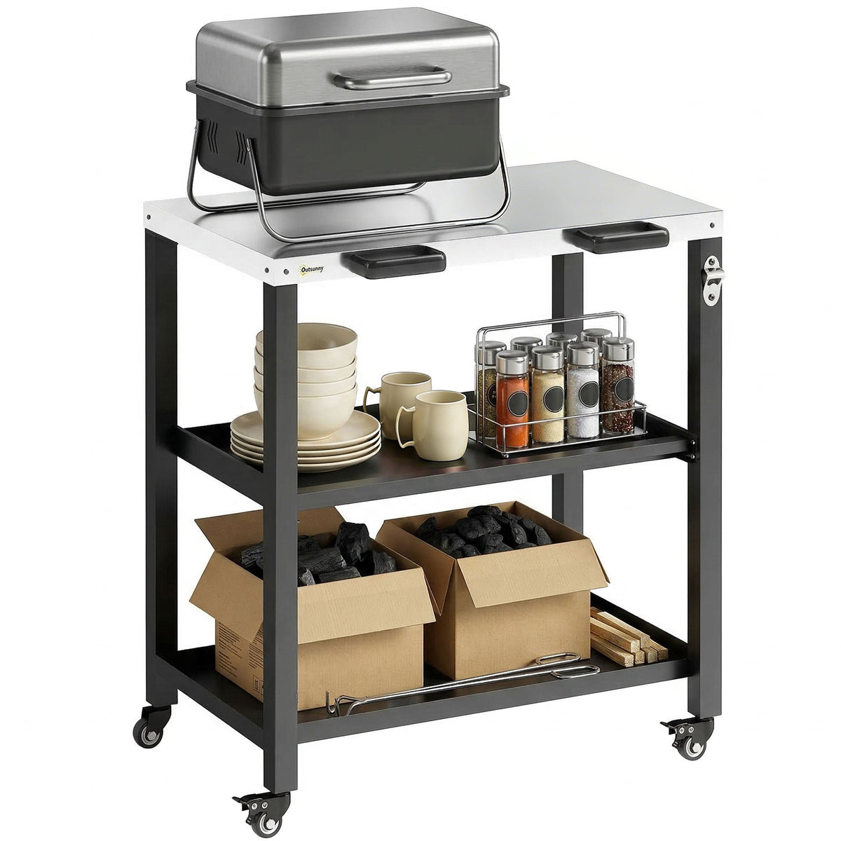 Outdoor Grill Cart with Stainless Steel Top, 2 Shelves and Lockable Wheels, Black