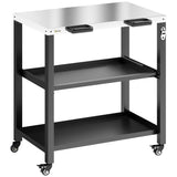 Outdoor Grill Cart with Stainless Steel Top, 2 Shelves and Lockable Wheels, Black
