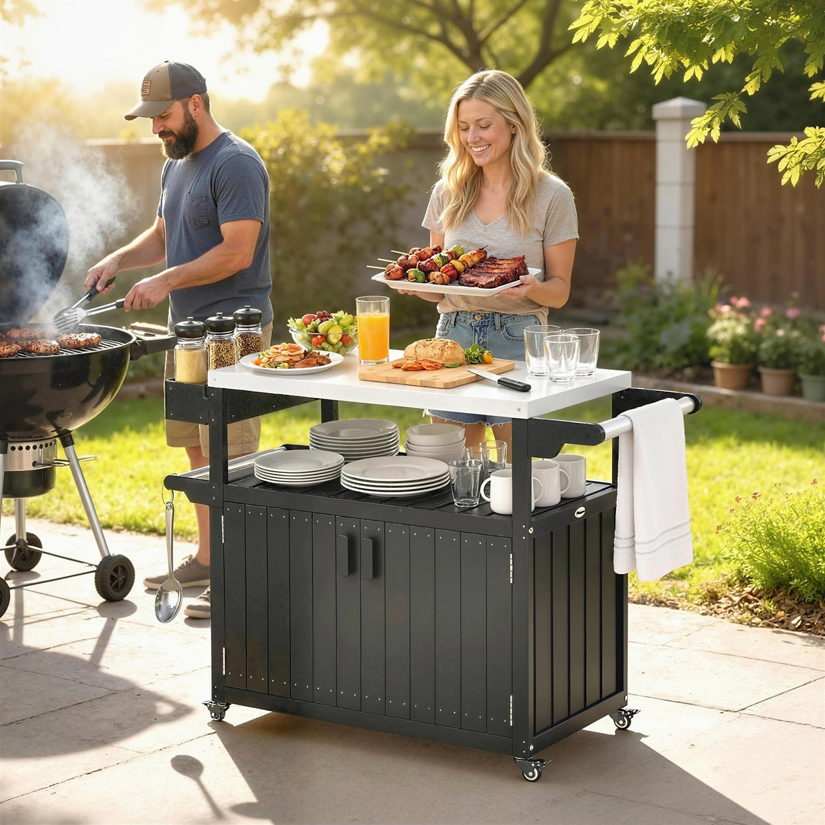 Outdoor Bar Cart with Storage Cabinet, Black