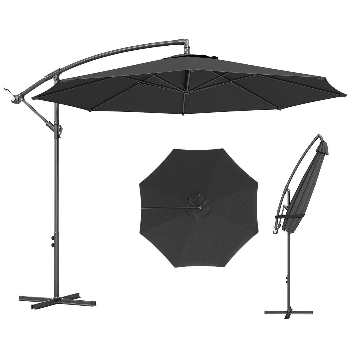 3 m Banana Parasol with Crank Handle, 8 Ribs & Cross Base, Black