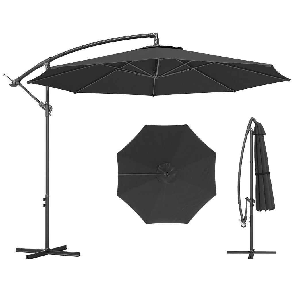 3 m Banana Parasol with Crank Handle, 8 Ribs & Cross Base, Black