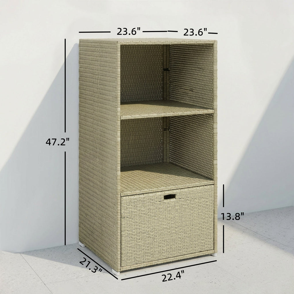 Pool Towel Rack with 2 Shelves and Basket Drawer, PE Rattan, Gradient Gray
