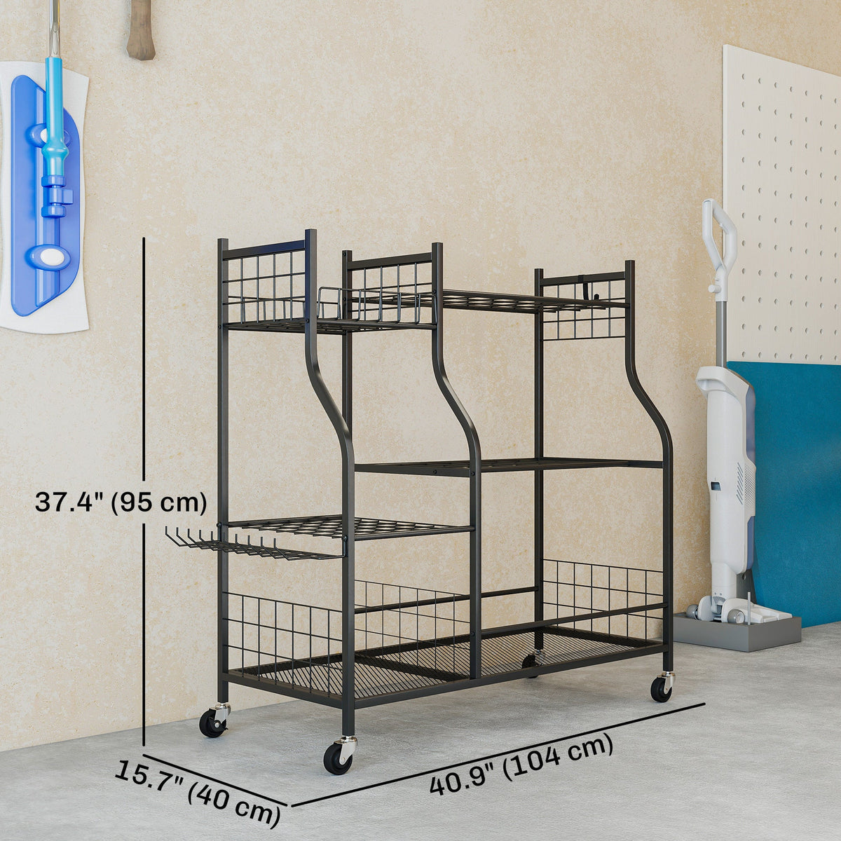 Garden Tool Organizer with 74 Slots, 4 Wheels and 11 Hooks, Black