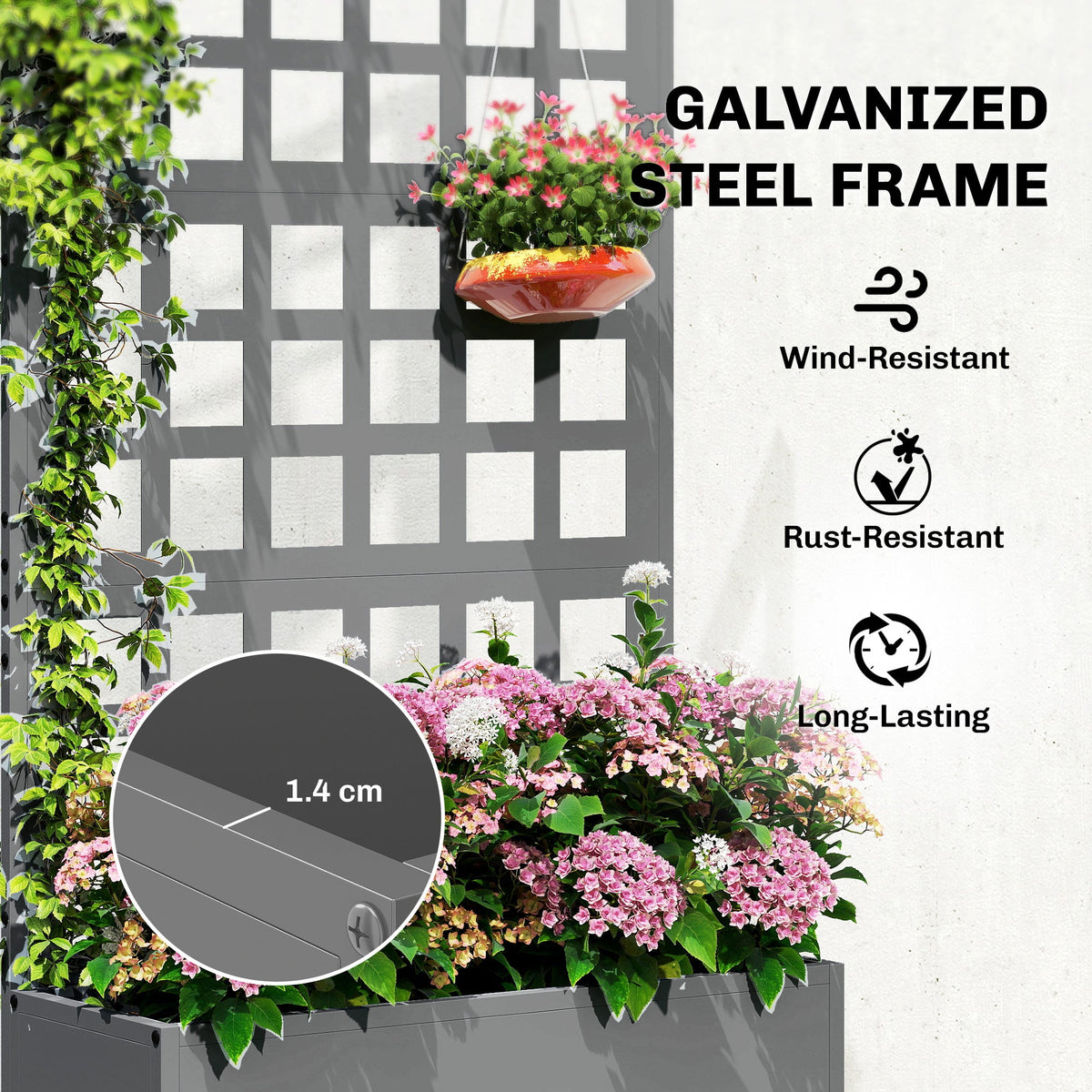 24" x 9" x 44.5" Raised Garden Bed with Trellis and Drainage, Gray