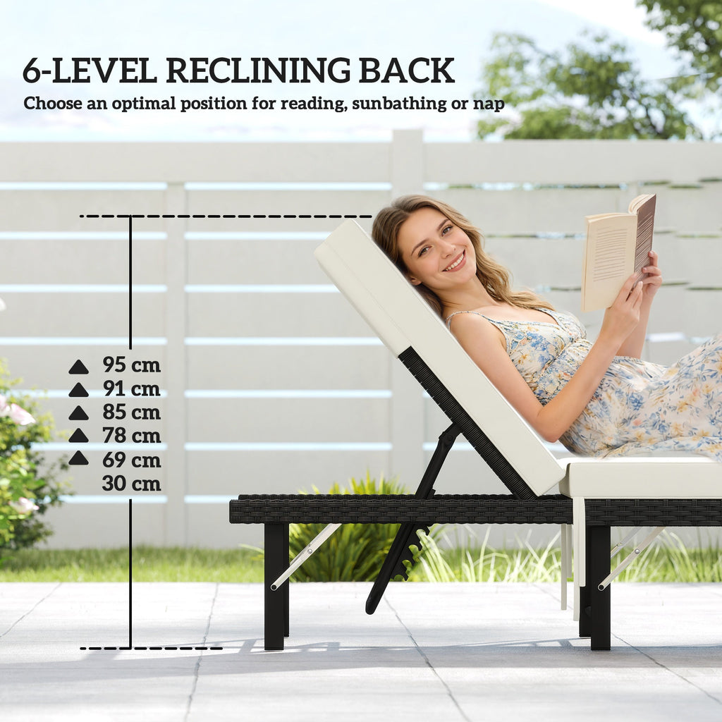 Folding Rattan Sun Lounger with Cushion and 6-Level Backrest, Black