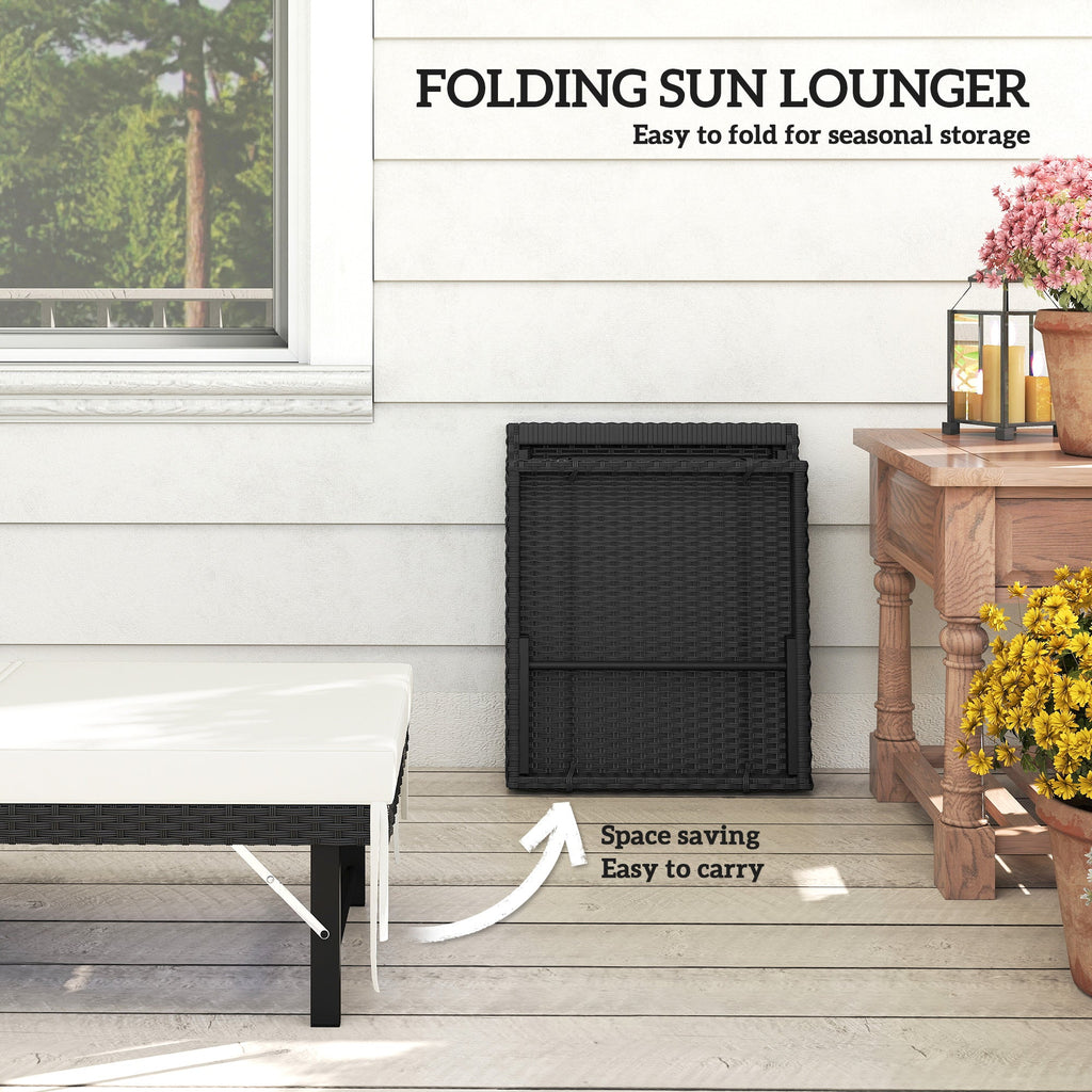 Folding Rattan Sun Lounger with Cushion and 6-Level Backrest, Black