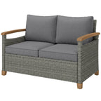 2-Seater Rattan Loveseat with Thick Cushions & Acacia Armrests, Dark Grey