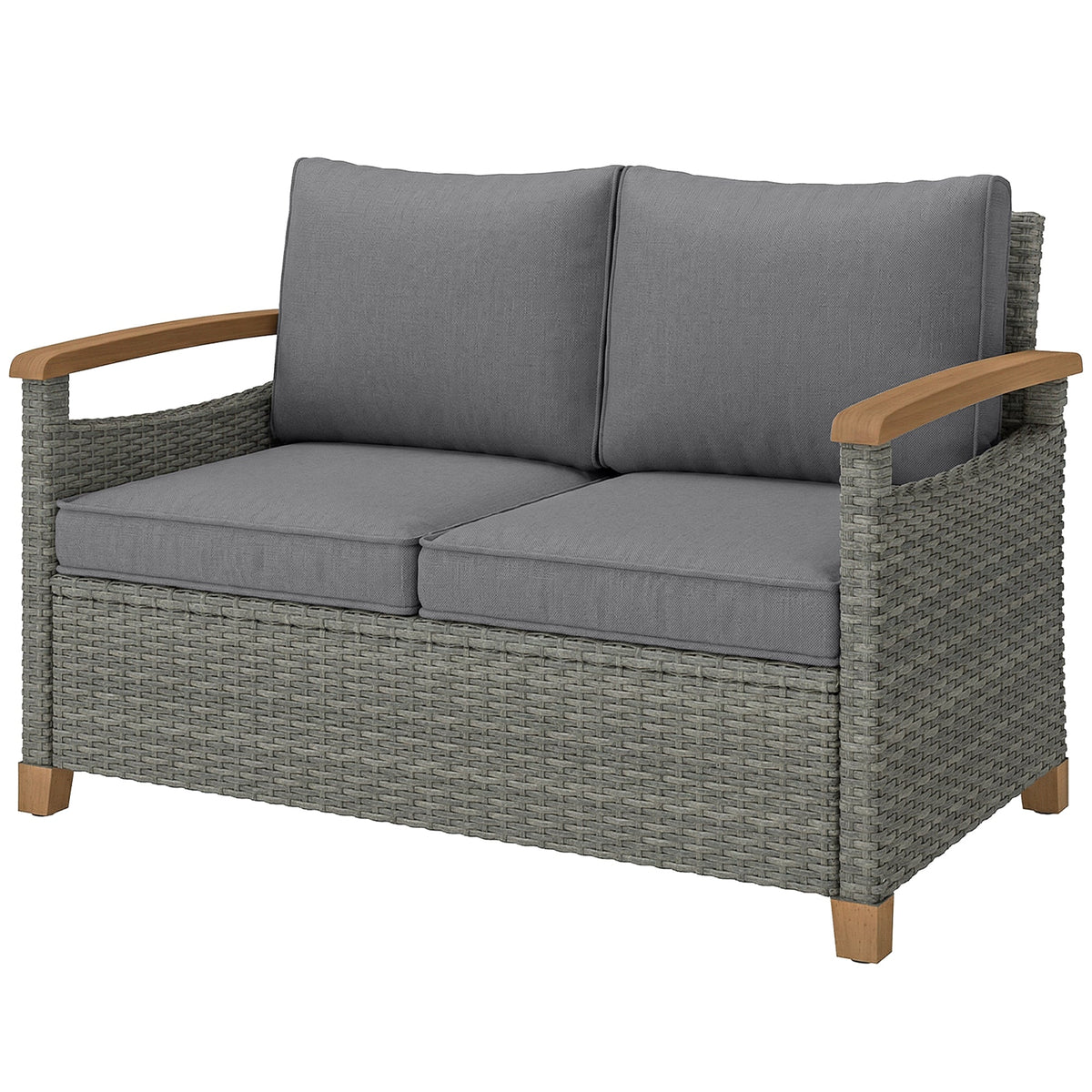 2-Seater Rattan Loveseat with Thick Cushions & Acacia Armrests, Dark Grey