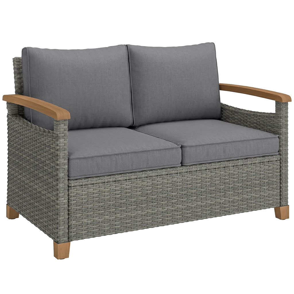 2-Seater Rattan Loveseat with Thick Cushions & Acacia Armrests, Dark Grey