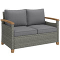 2-Seater Rattan Loveseat with Thick Cushions & Acacia Armrests, Dark Grey