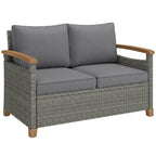 2-Seater Rattan Loveseat with Thick Cushions & Acacia Armrests, Dark Grey