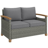 2-Seater Rattan Loveseat with Thick Cushions & Acacia Armrests, Dark Grey