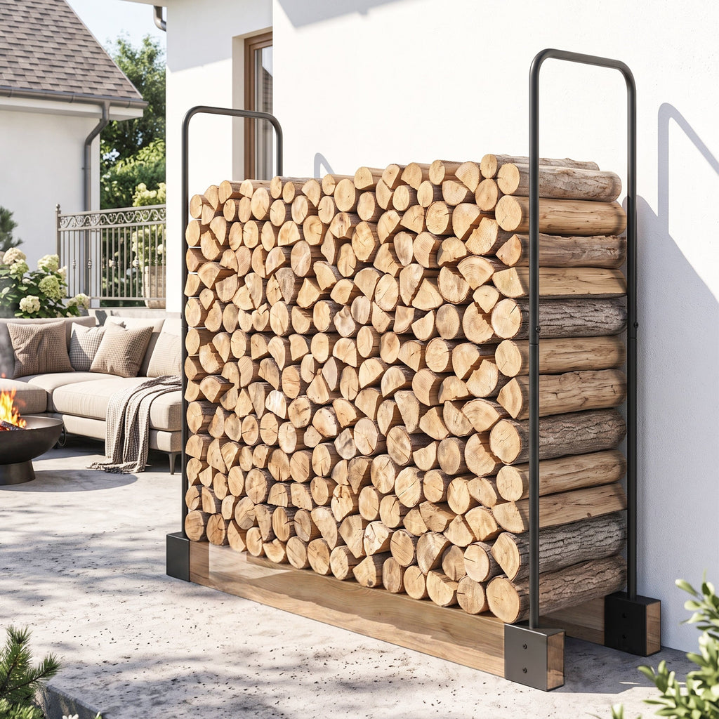Heavy-Duty Steel DIY Firewood Rack with Customizable Width for Indoor & Outdoor Log Storage, Black