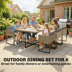 7-Piece Light Brown Rattan Dining Set with WPC Table, 6 Chairs & 12 Cushions