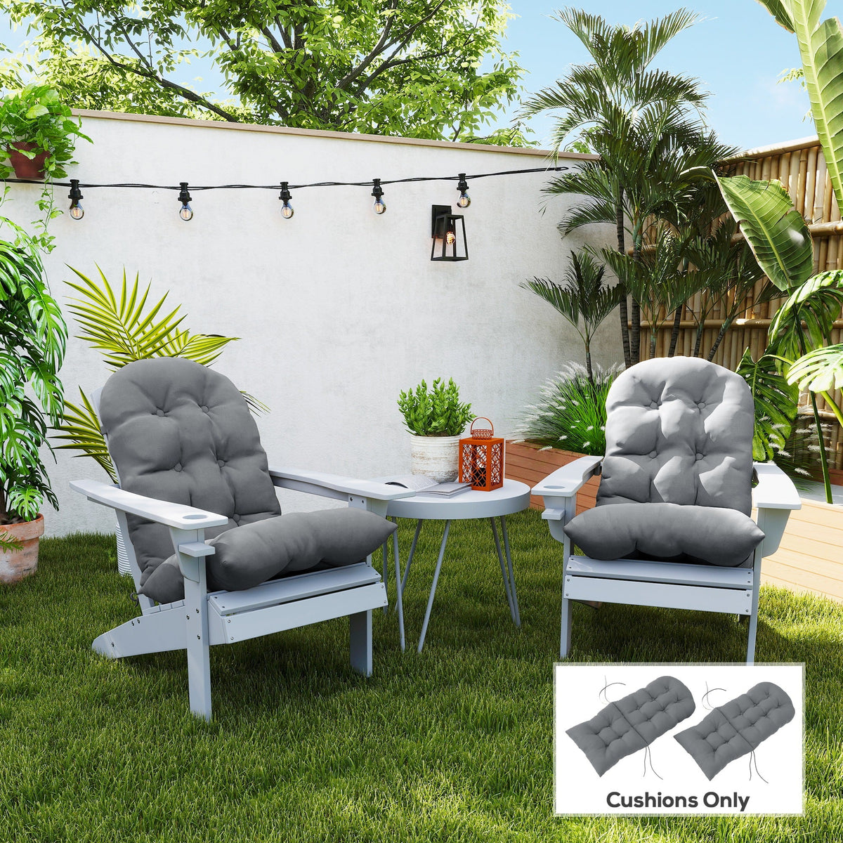 Set of 2 Tufted High Back Adirondack Chair Cushions with Ties, Non-Slip Grey