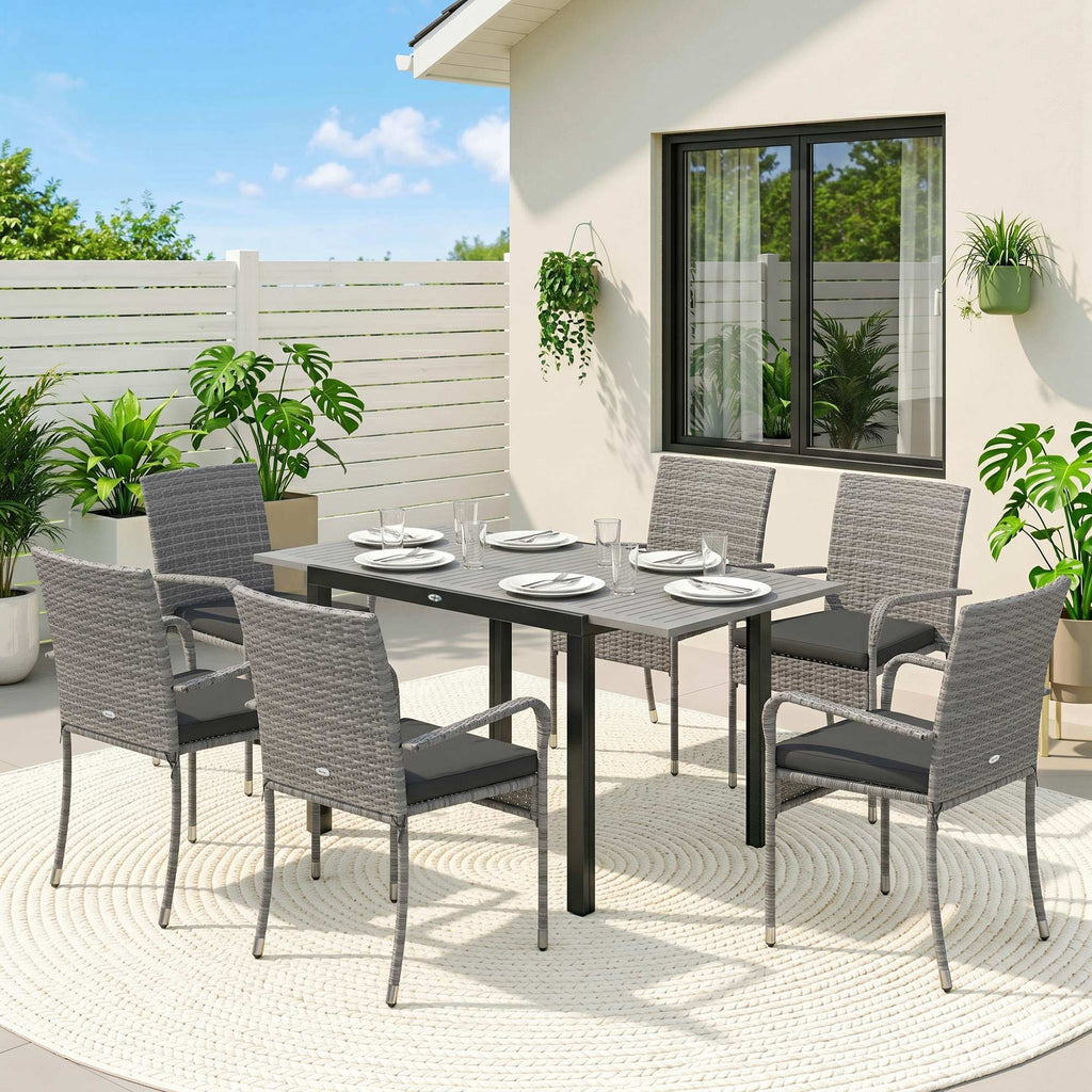 7-Piece Rattan Dining Set with Extendable Acacia Table and 6 Cushioned Chairs