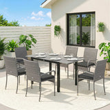 7-Piece Rattan Dining Set with Extendable Acacia Table and 6 Cushioned Chairs