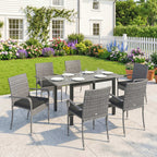 7-Piece Rattan Dining Set with Extendable Acacia Table and 6 Cushioned Chairs