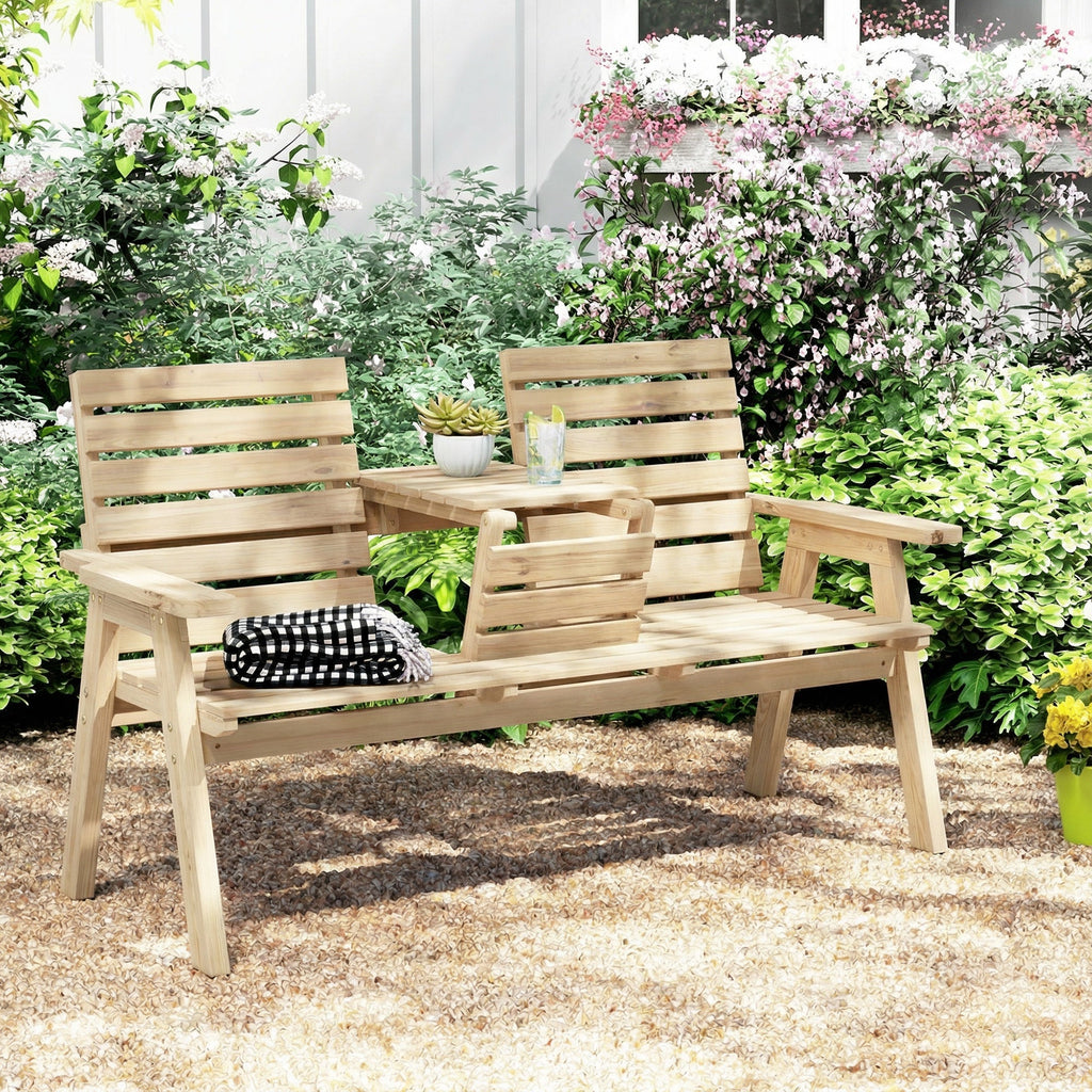 2 Seater Wooden Garden Bench with Convertible Middle Table, Natural