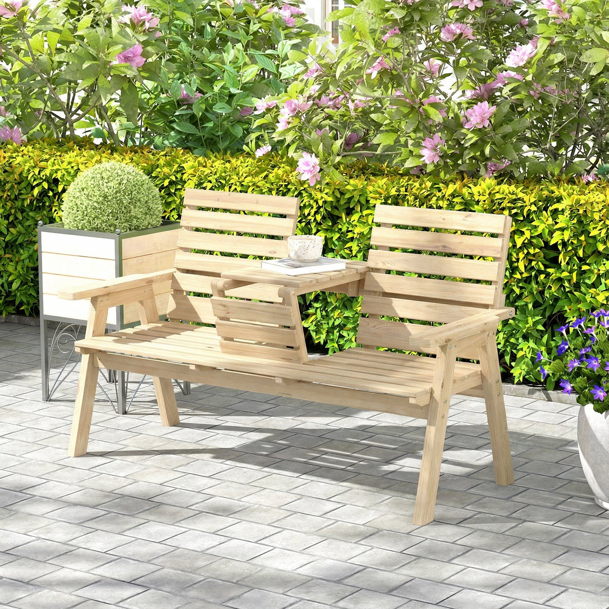 2 Seater Wooden Garden Bench with Convertible Middle Table, Natural