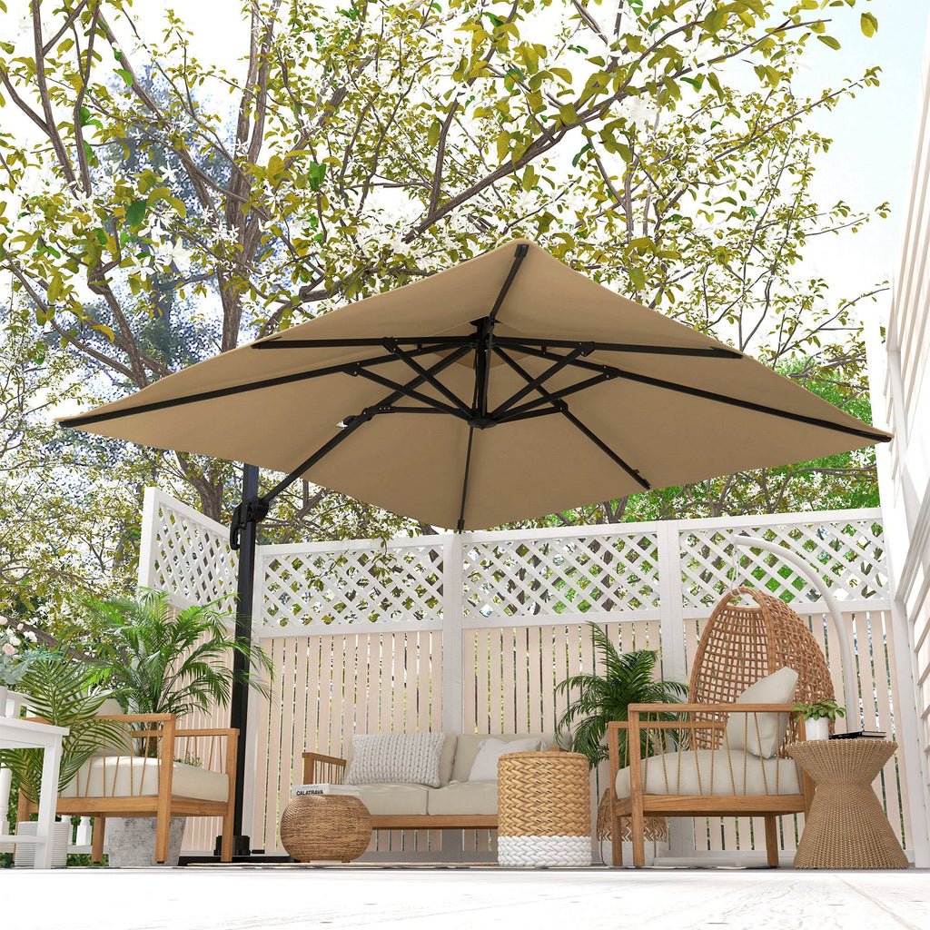 10ft Square Cantilever Patio Umbrella with 360° Rotation and Double Canopy, Khaki