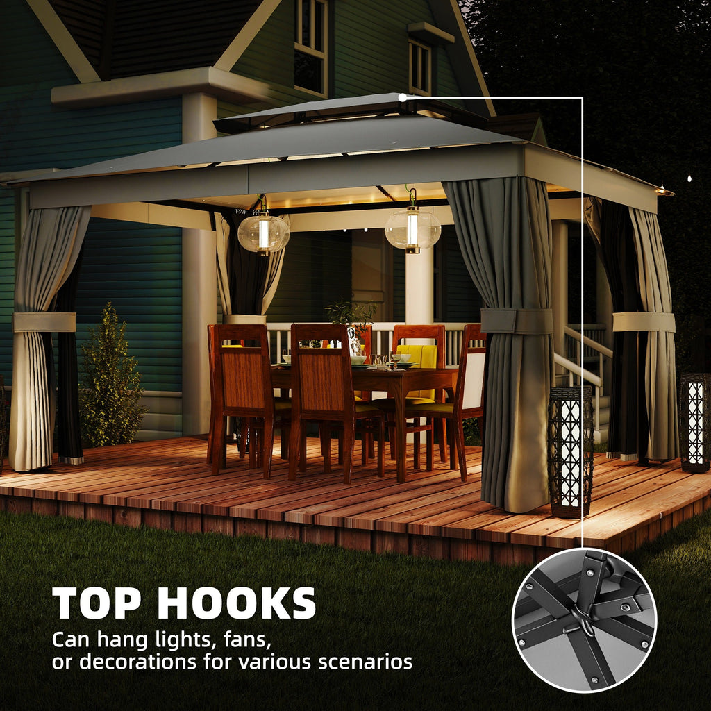10' x 12.5' Outdoor Gazebo with Double Roof, Curtains and Netting, Dark Grey