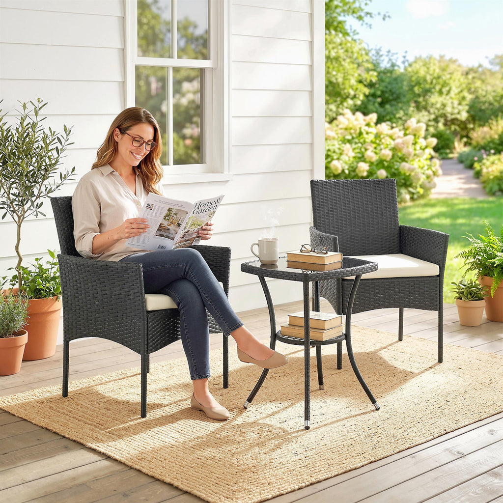 3-Piece PE Wicker Bistro Set with 2-Tier Glass Table and Cushions, Cream White