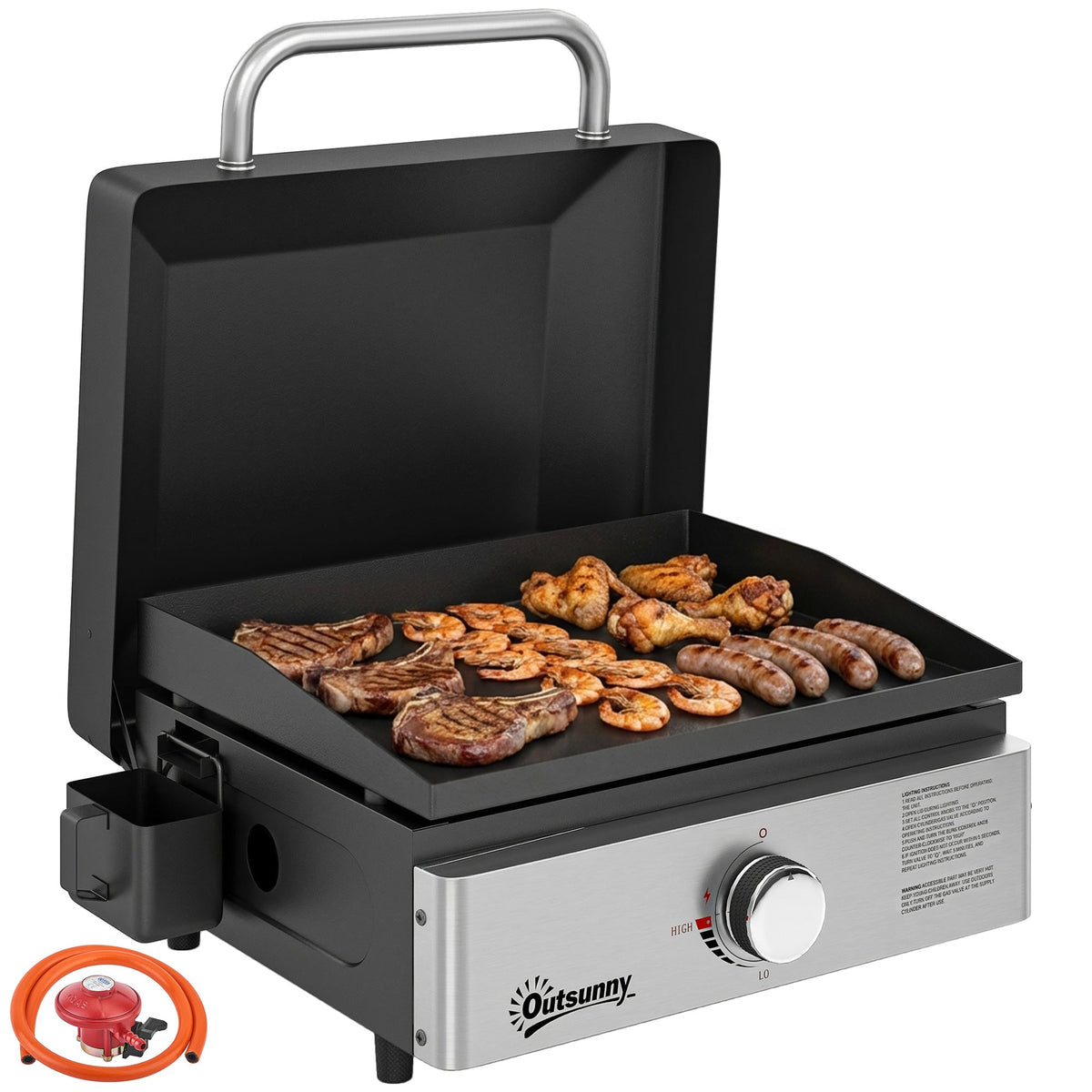 Portable Gas Plancha Grill 3.5 kW, Tabletop Griddle with Grease Cup, Black